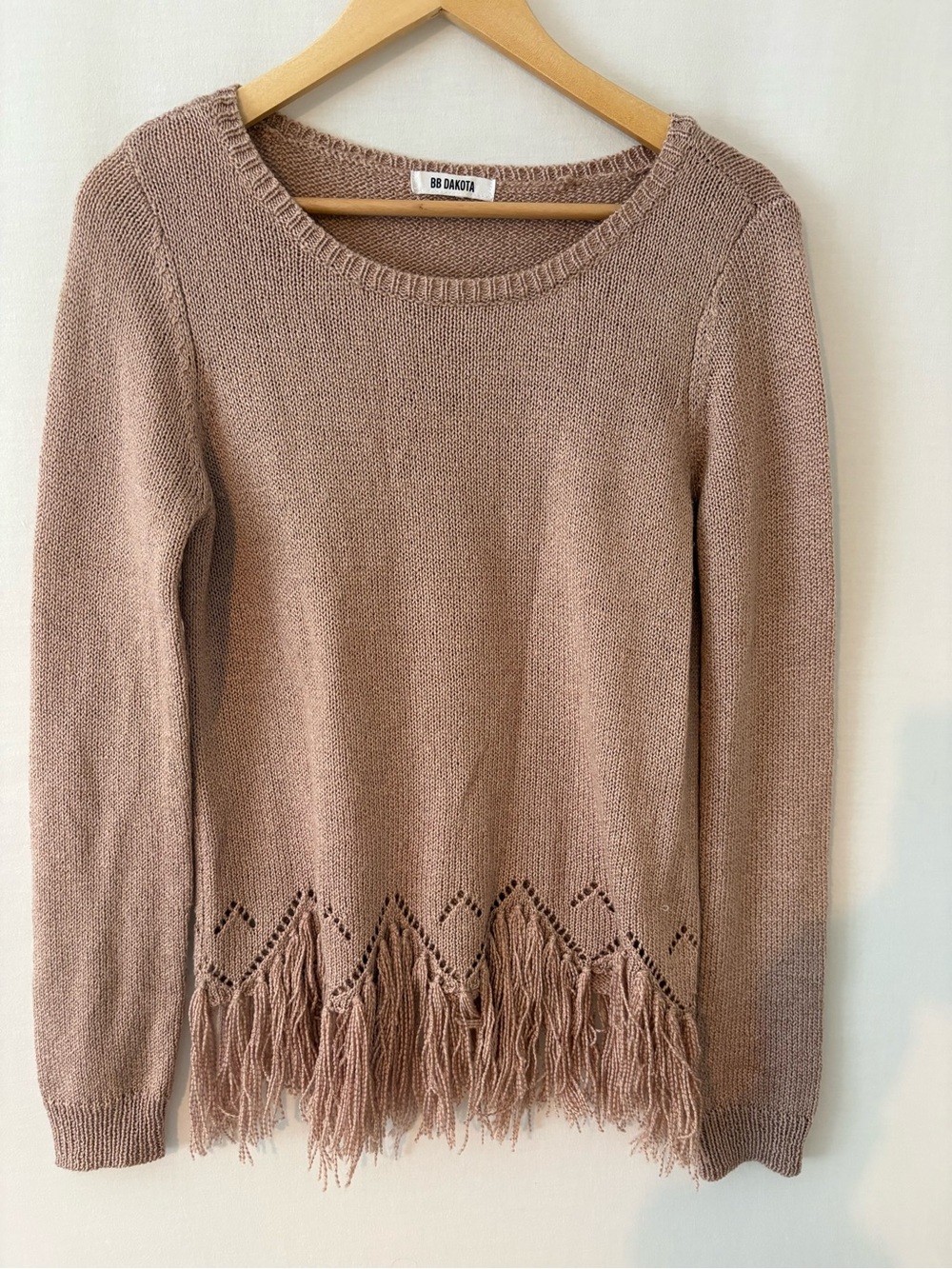 BB Dakota Dusty Mauve Fringe-Hem Western Crewneck Sweater